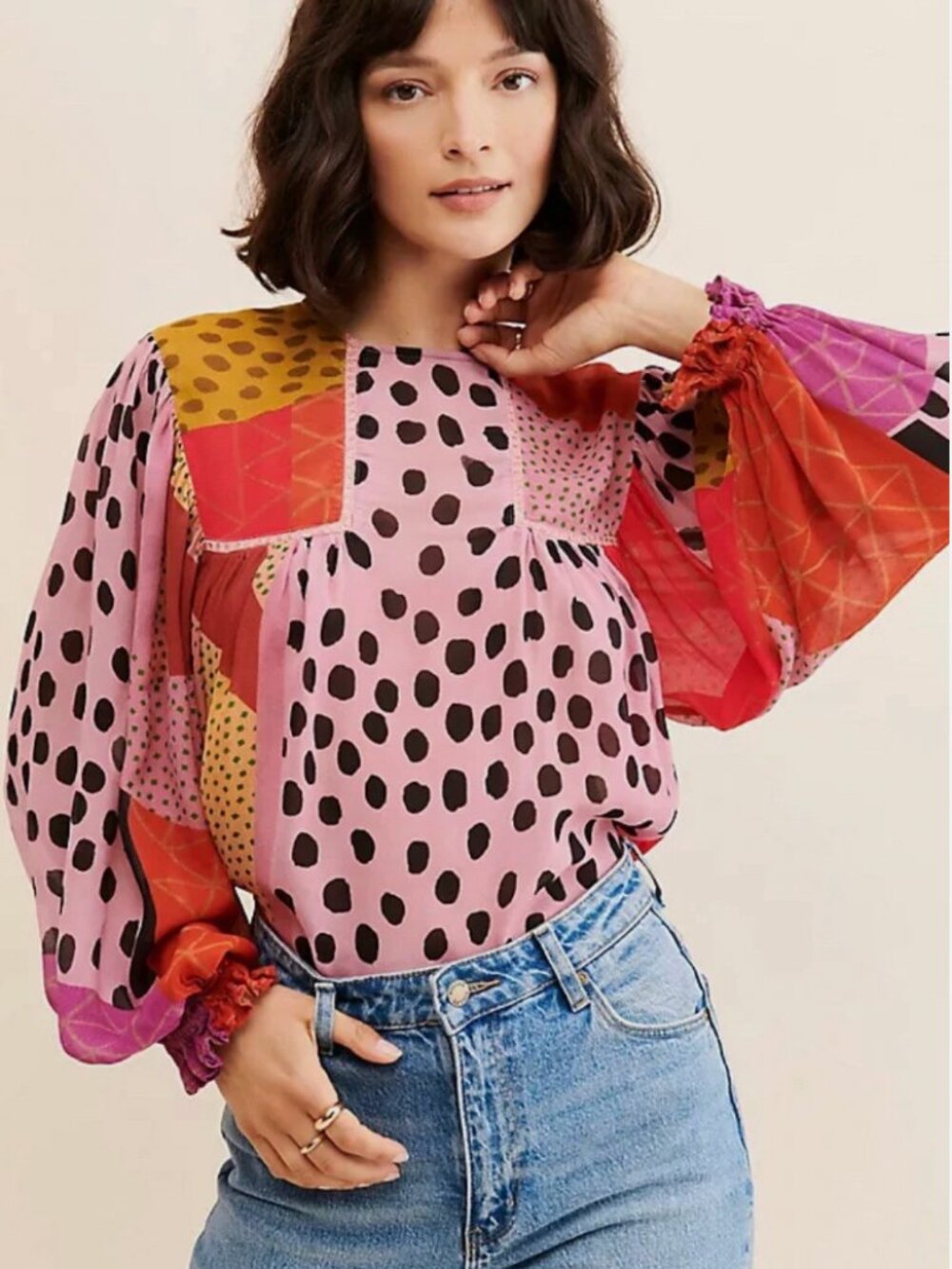 Bl^nk Anthropologie Miranda Eclectic Patchwork Polka Dot Peasant Top Petite XL